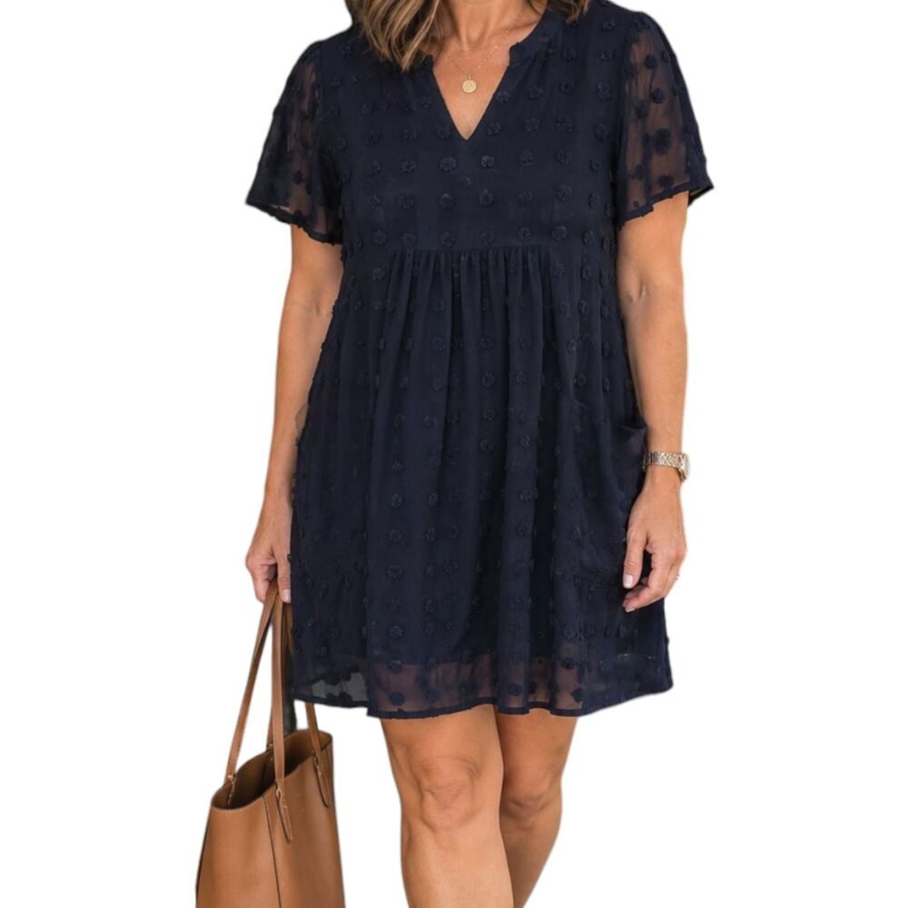 MIHOLL Size L Navy Blue Swiss Dot Babydoll Dress Sheer Lined Short Sleeves